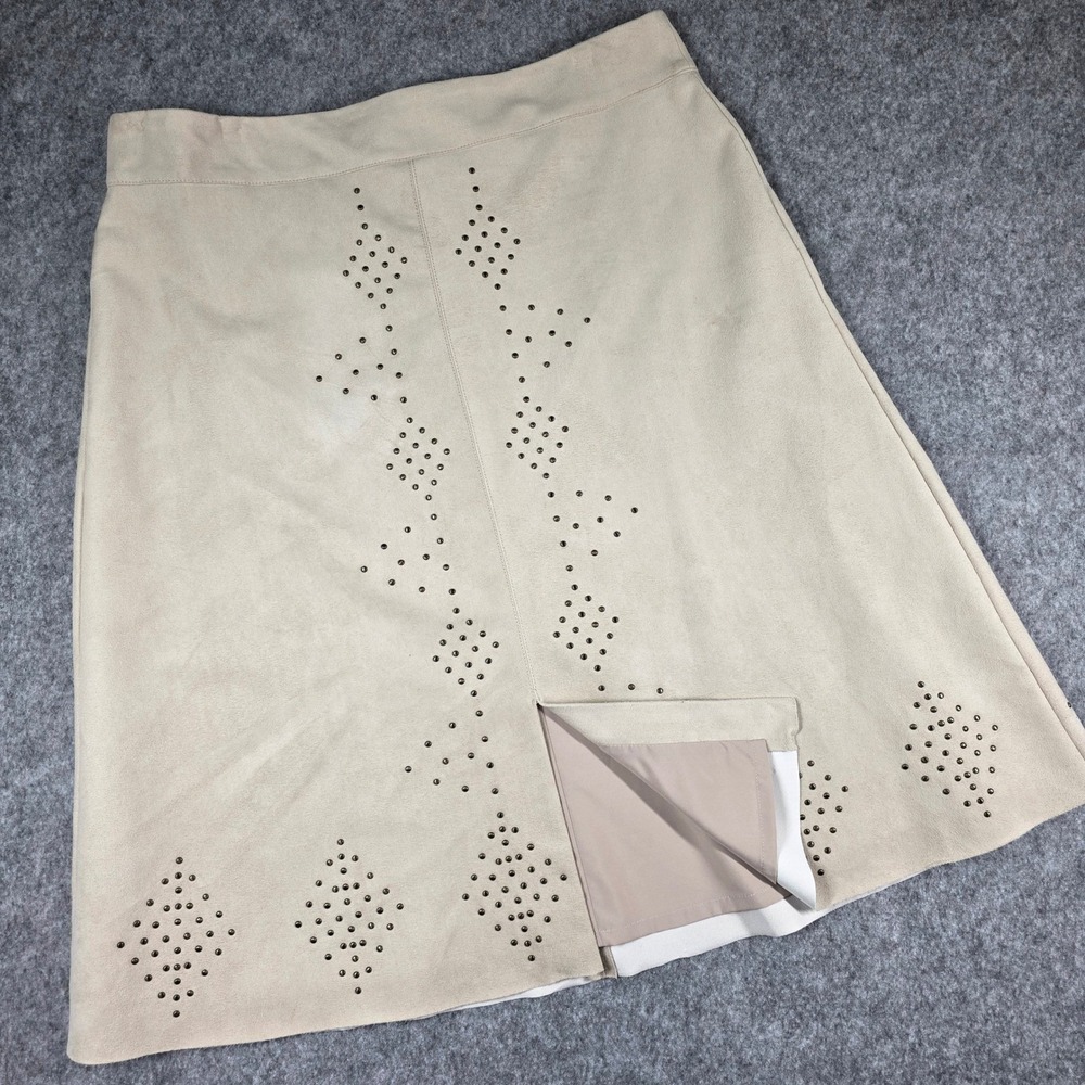 Chico's Faux Suede Skirt Tan Studded A-Line Midi Boho Earthy Southwest 2. 5 = 14